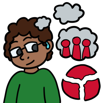 A dark skinned person with dark brown hair and a green shirt is thinking of their system. They have a blue hearing aid and glasses. They have a thought bubble with three simple figures in it, all colored in red. Beneath the thought bubble is a red circle that is shattered into three pieces.